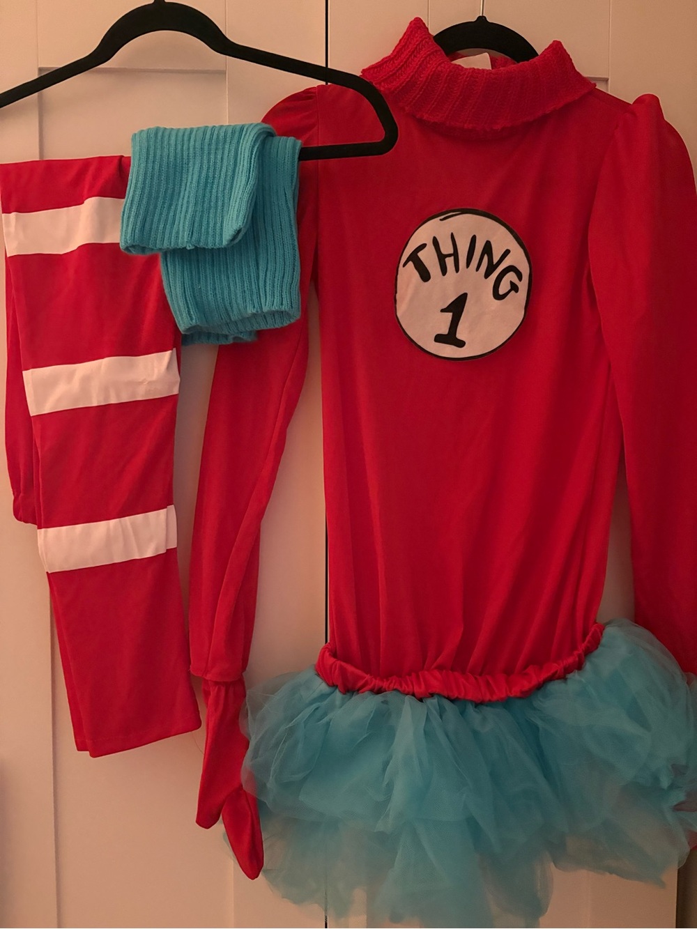 Spirit Red and Turquoise Thing 1 Costume with Striped Leggings